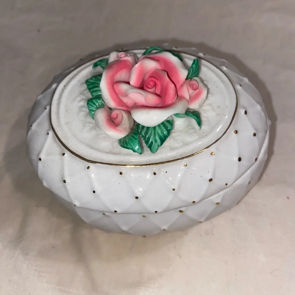 Handmade White Porcelain Trinket Box with Pink Rose Lid Decorative Collectible